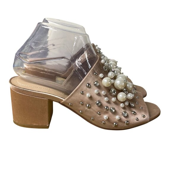 Aldo Pearl Gem Studded Diamond Fabric Heels Sz 7.5 Open Toe Event Party - Picture 2 of 10